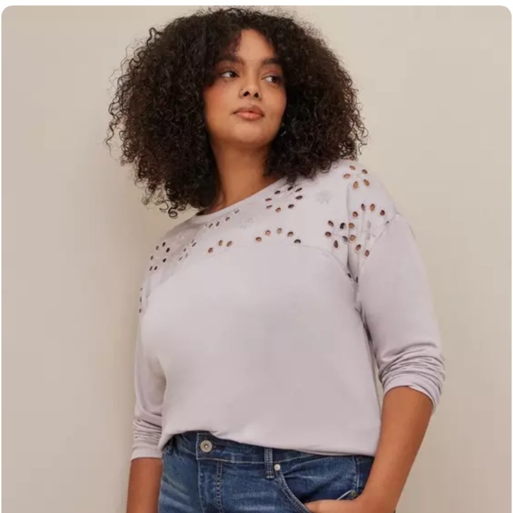 Torrid Light Weight French Terry Crew Neck Eyelet Inset Drop Shoulder Sweatshirt